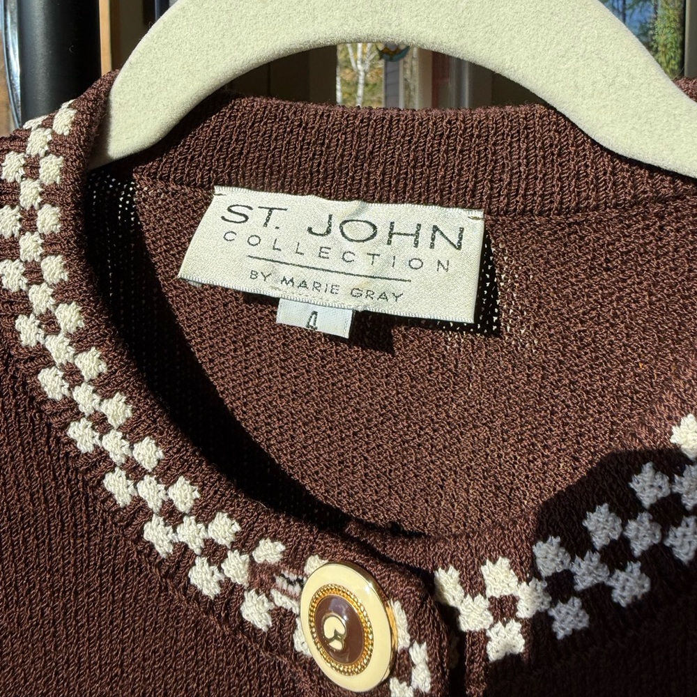 St. John Brown Jacket with Checkered Trim & Matching Skirt - Picture 5 of 9